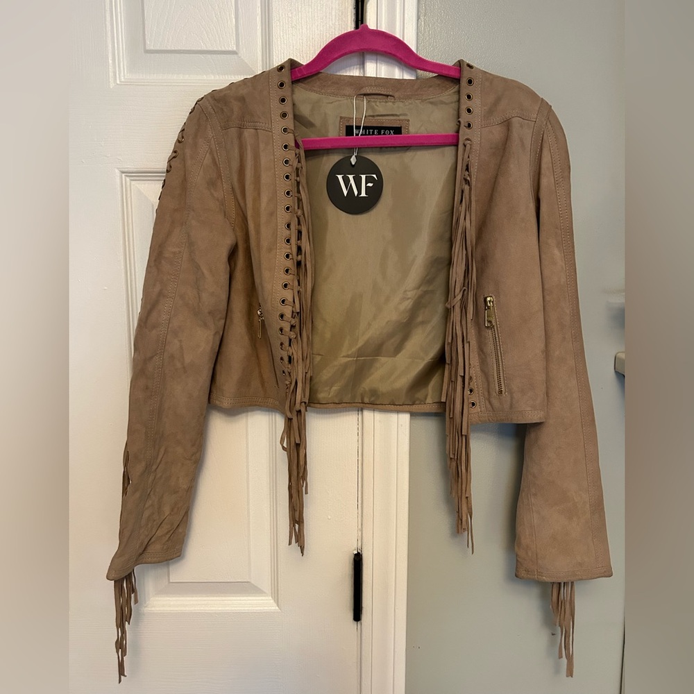 Nomad Suede White Fox Fringe Jacket Beige